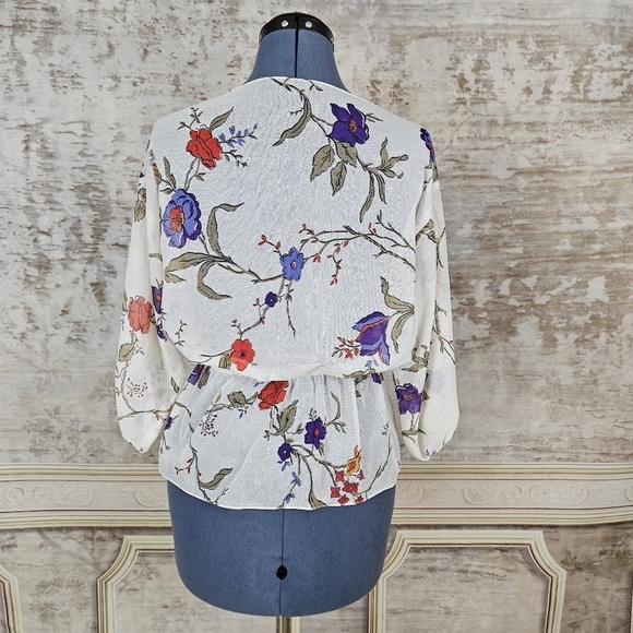 Vintage 1970s Sheer Blouse Ivory Floral Top Peplum 3/4 Sleeves Purple Red - Picture 4 of 8